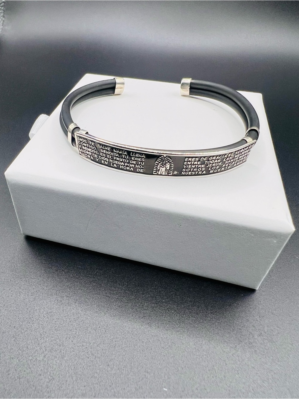 Men's Black Rubber and Sterling Silver 925 Prayer cuff, adjustable cuff